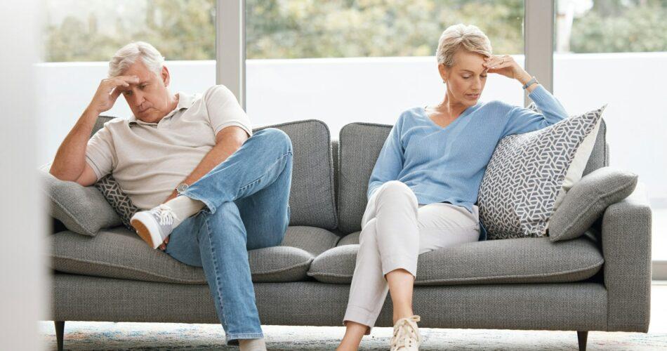 Retirement couple, ignore and fight for divorce with marriage cheating revelation shock. Sad elderl